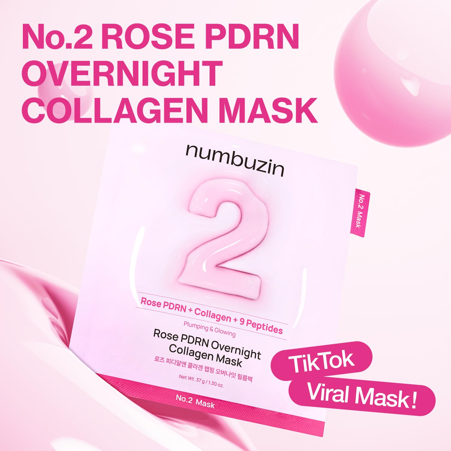 numbuzin No.2 Overnight Face Mask | Rose PDRN Overnight Collagen Mask | Korean Glass Skin Essential | Elasticity, Hydrating, Firming, Enlarged Pores | Collagen, Peptides, PDRN | 37g, 4ea