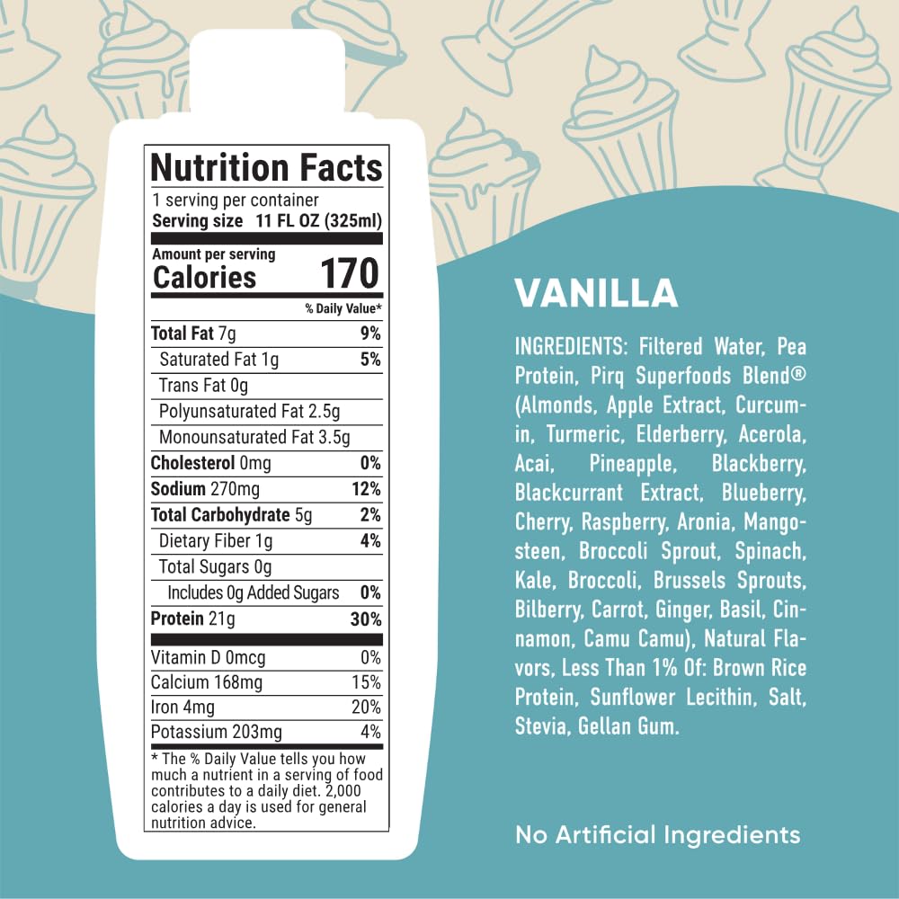Pirq, 21g Dairy Free Protein Shake, 25 Superfoods, 0g Sugar, Plant-Based Protein Drink, Gluten-Free, Vegan, Kosher, Keto, Low Carb, Low Calorie (12 Pack) (Vanilla)