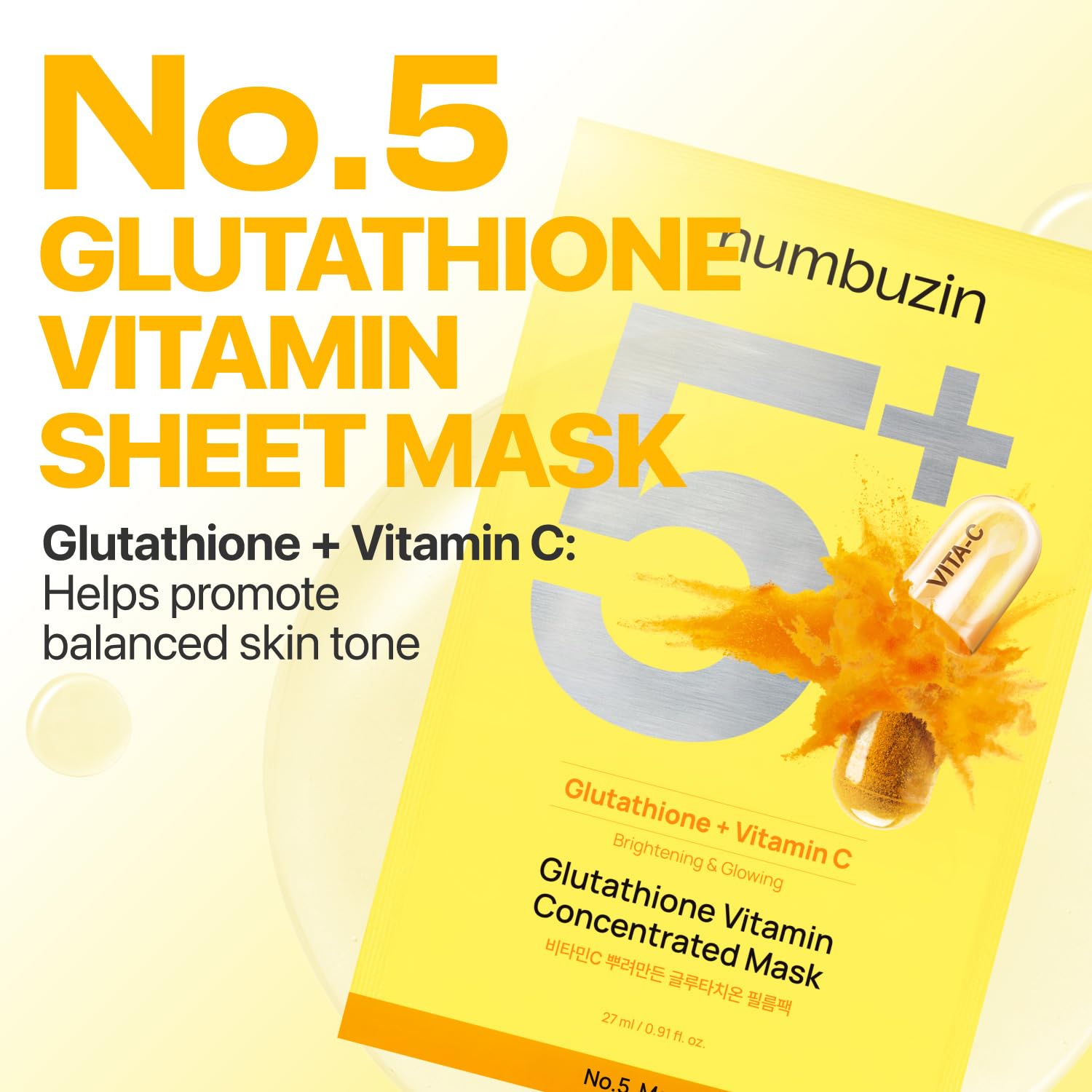 numbuzin No.5 Sheet Mask | Vitamin Spotlight Sheet Mask | Glutathione and Vitamin C | Reduces Hyperpigmentation, Improves Skin Complexion | Gentle and non-irritating | 5 sheet