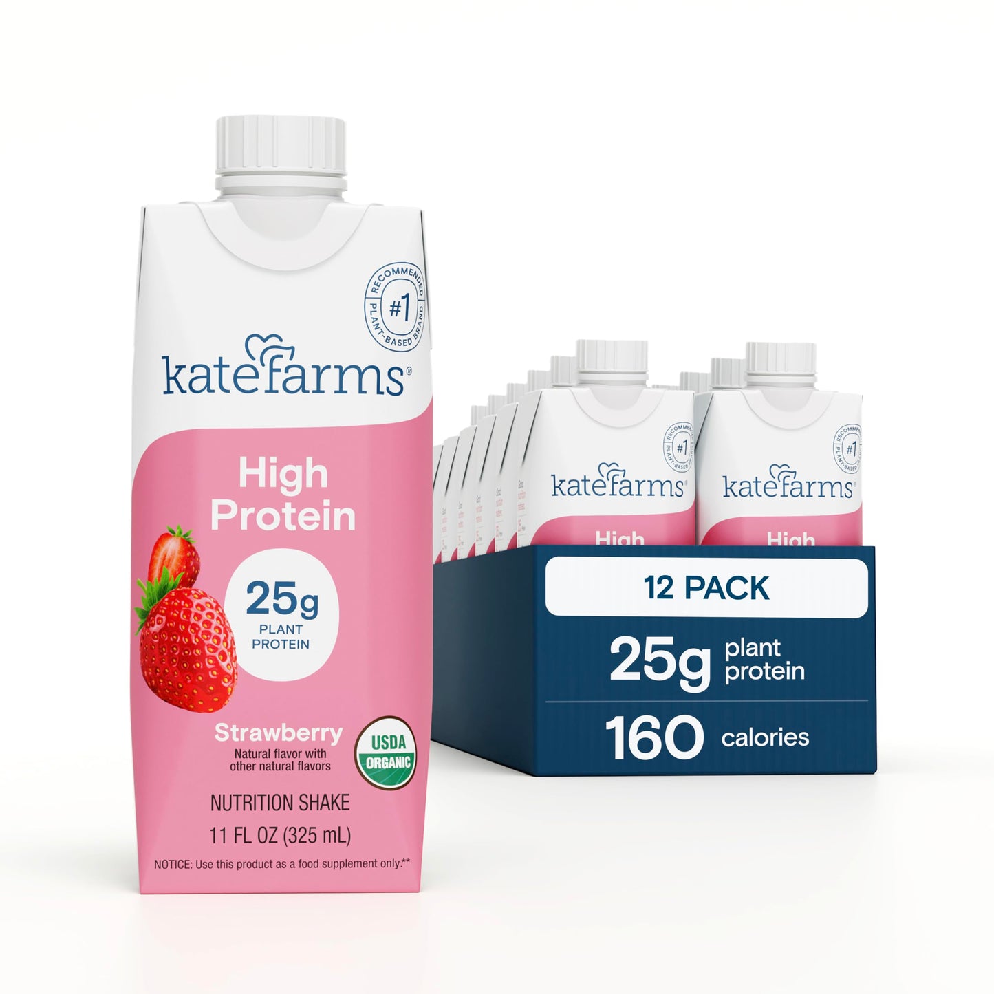 KATE FARMS Organic High Protein Vanilla Shake, 25g Protein, 12 Pack | High-protein organic shake with 25g protein, 6g fiber, 27 vitamins & minerals, and 0g sugar.