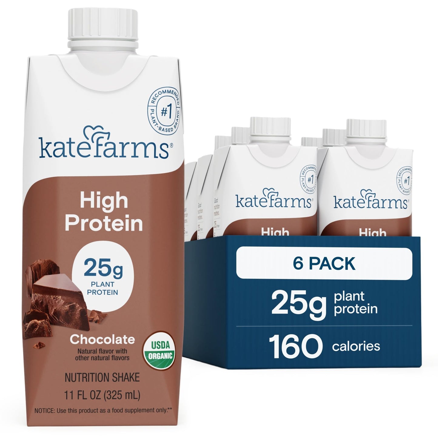KATE FARMS Organic High Protein Vanilla Shake, 25g Protein, 12 Pack | High-protein organic shake with 25g protein, 6g fiber, 27 vitamins & minerals, and 0g sugar.