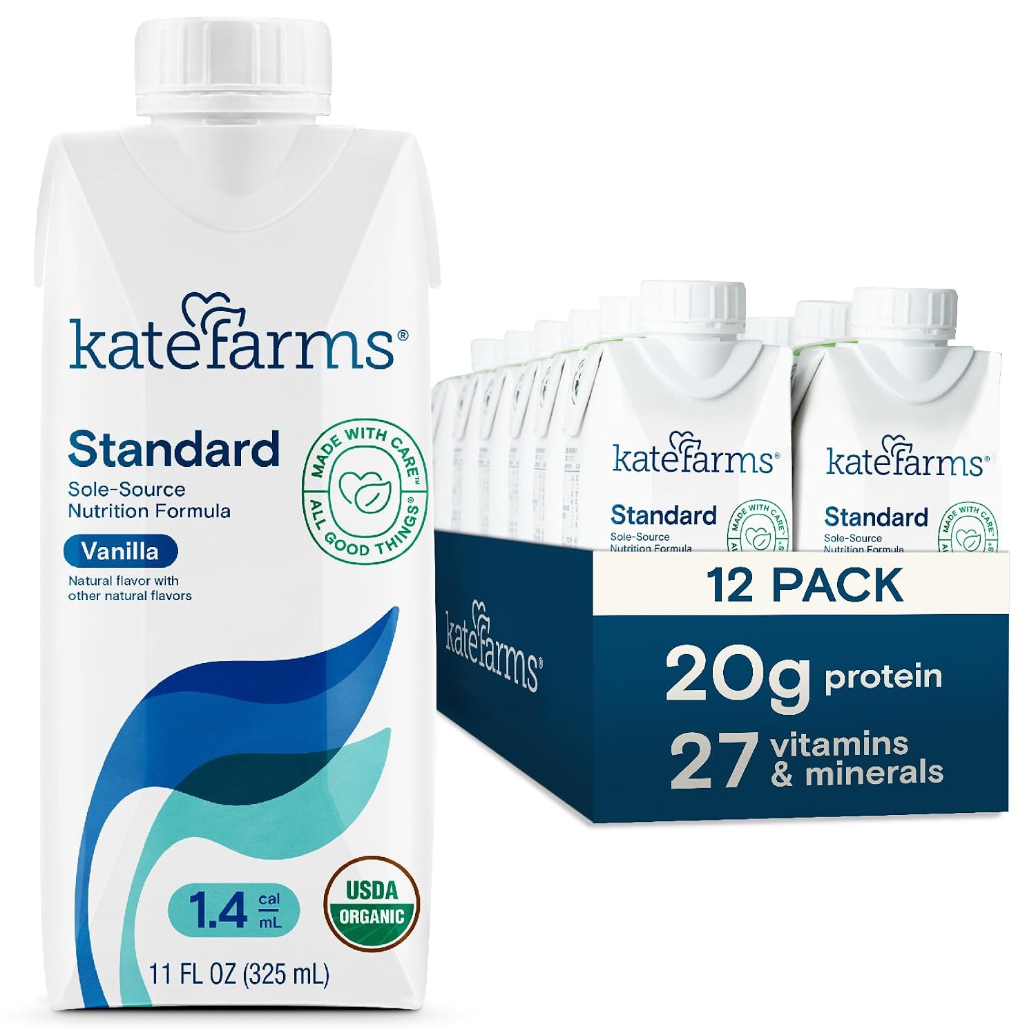 KATE FARMS Organic 1.4 High Calorie Shake, Vanilla, 20g Protein, 12 Pack | Organic vanilla high calorie nutrition shake with 20g protein plus 27 vitamins and minerals.