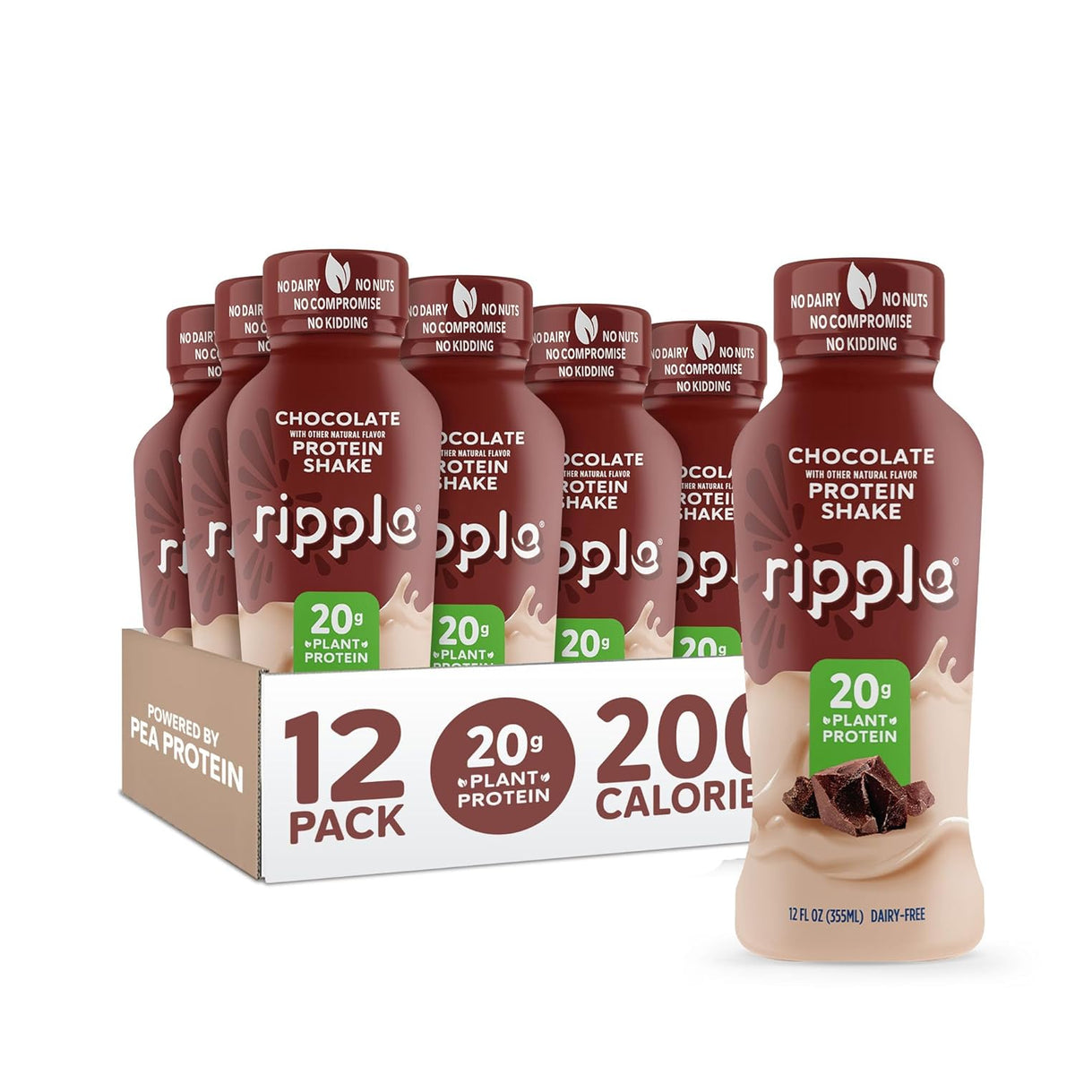 Ripple Chocolate Plant Based Protein Shake | 20g of Quality Sourced Pea Protein, Calcium Rich, Cocoa | Shelf Stable | Vegan & Non GMO | Dairy, Soy, Nut, & Gluten Free | 12 Fl Oz Bottles (Pack of 12)