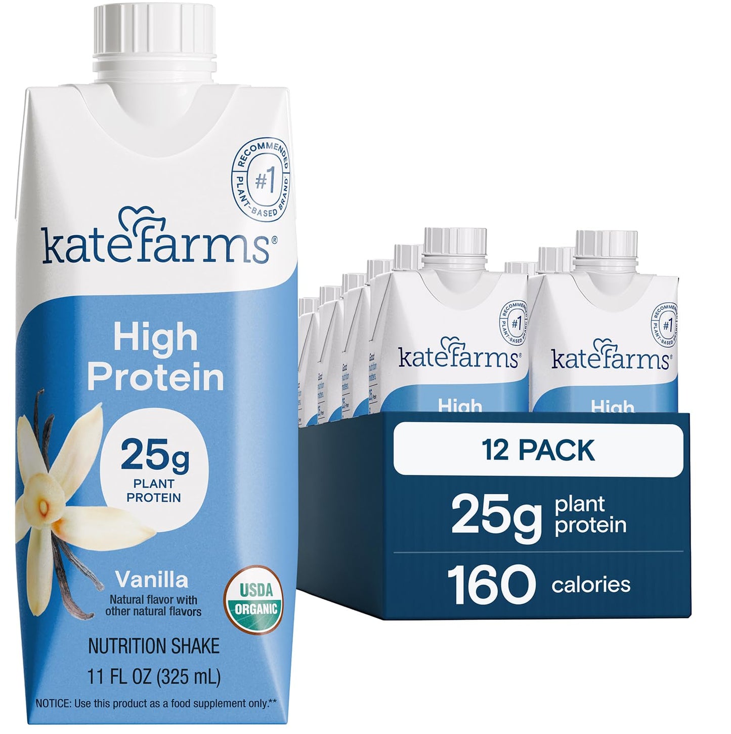 KATE FARMS Organic High Protein Chocolate Shake, 25g Protein, 12 Pack | High-protein organic shake with 25g protein, 6g fiber, 27 vitamins & minerals, and 0g sugar.