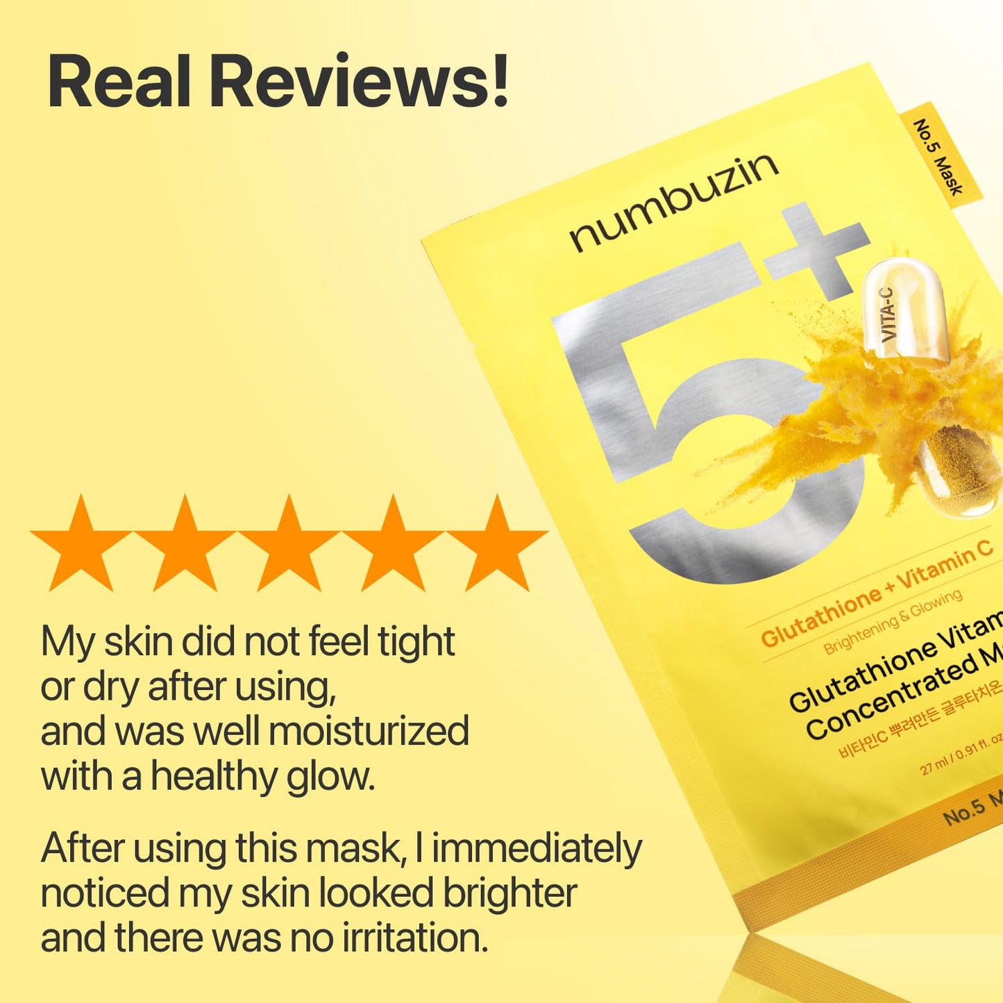 numbuzin No.5 Sheet Mask | Vitamin Spotlight Sheet Mask | Glutathione and Vitamin C | Reduces Hyperpigmentation, Improves Skin Complexion | Gentle and non-irritating | 5 sheet