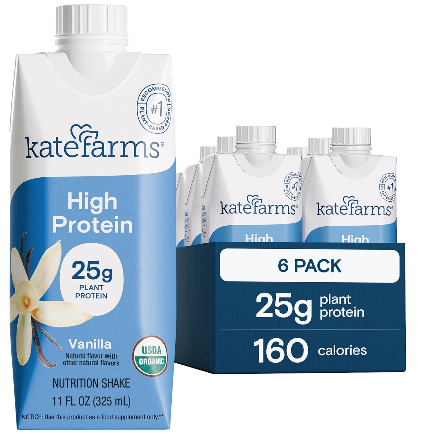 KATE FARMS Organic High Protein Chocolate Shake, 25g Protein, 12 Pack | High-protein organic shake with 25g protein, 6g fiber, 27 vitamins & minerals, and 0g sugar.