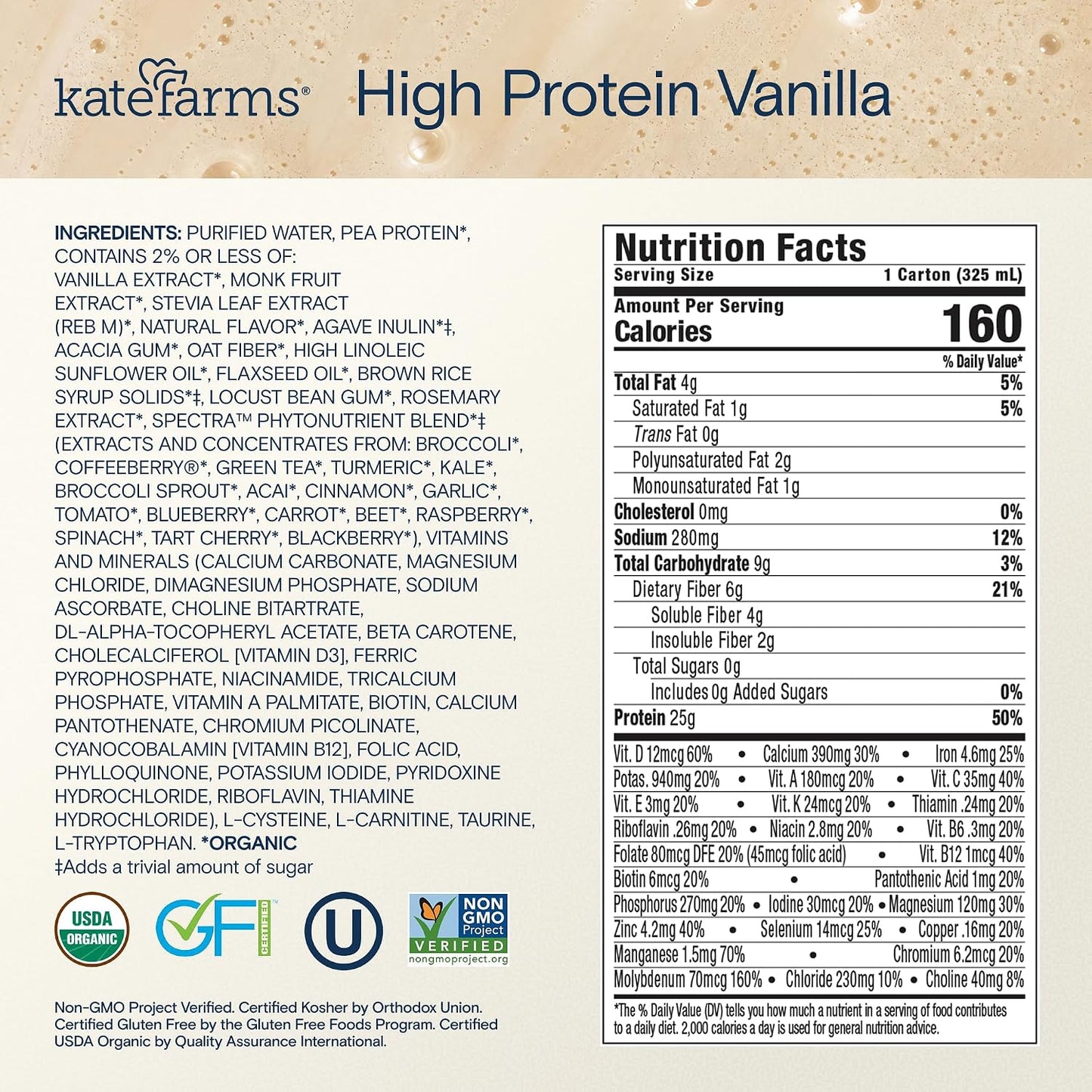 KATE FARMS Organic High Protein Vanilla Shake, 25g Protein, 12 Pack | High-protein organic shake with 25g protein, 6g fiber, 27 vitamins & minerals, and 0g sugar.